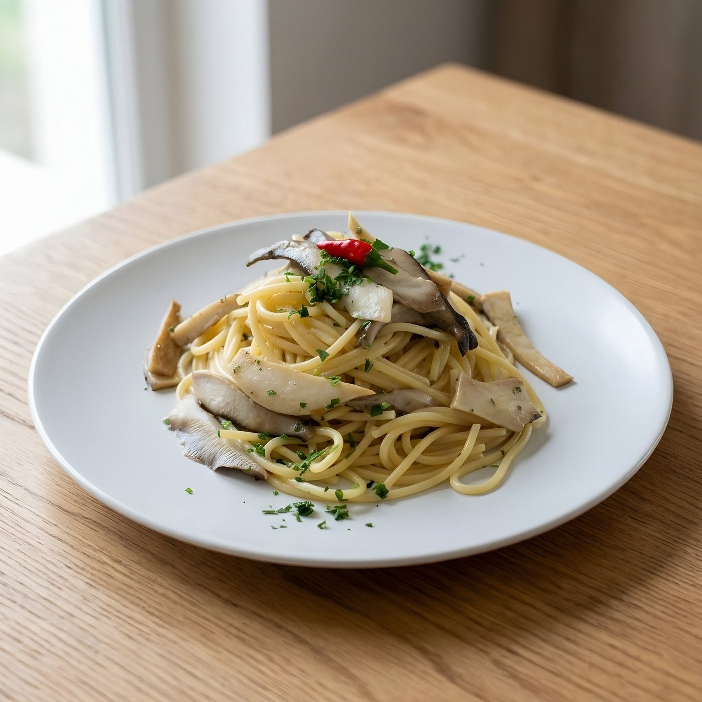Spaghetti con cardoncelli, aglio, olio, peperoncino e prezzemolo