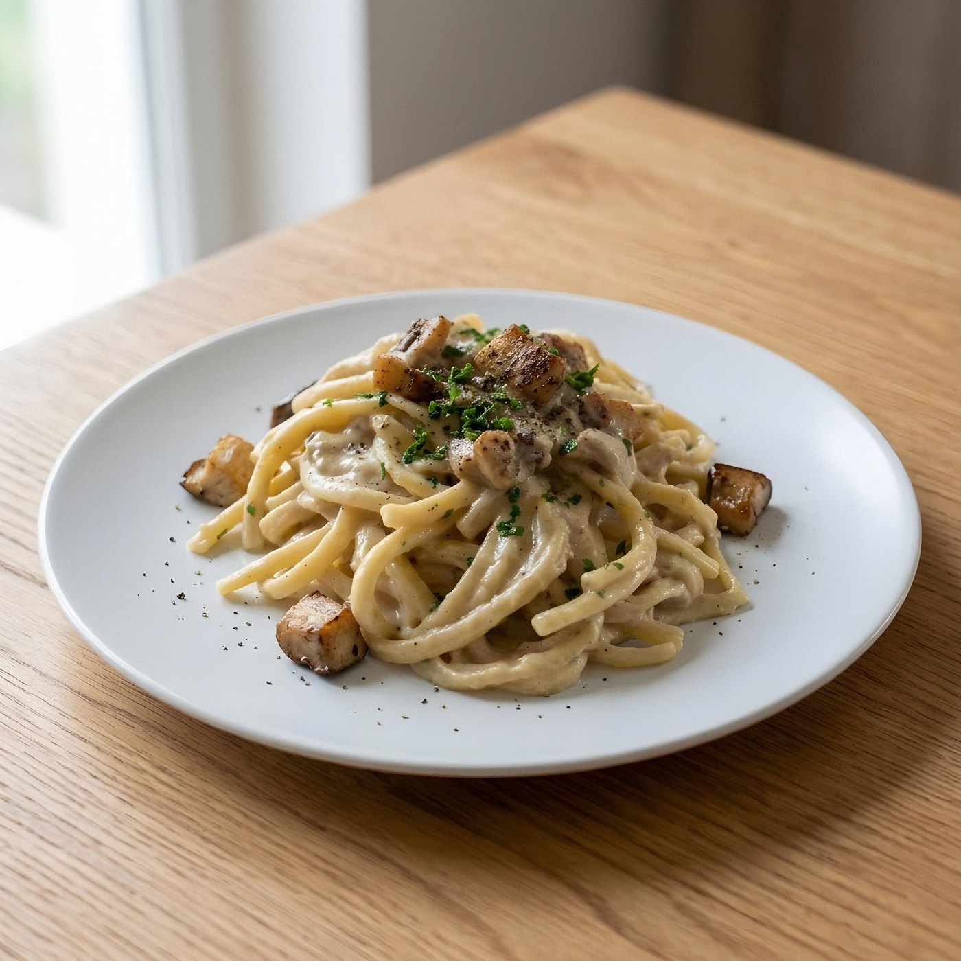 Spaghettoni alla crema di cardoncelli con cubetti di cardoncello rosolati