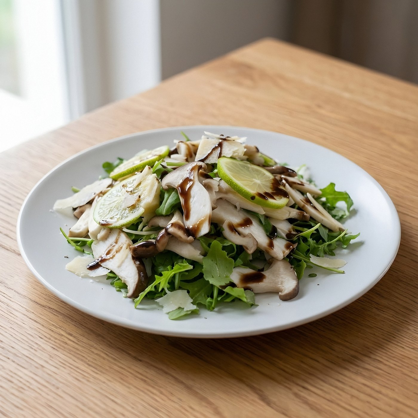 Insalata di cardoncelli crudi con rucola, grana, lime e glassa di balsamico